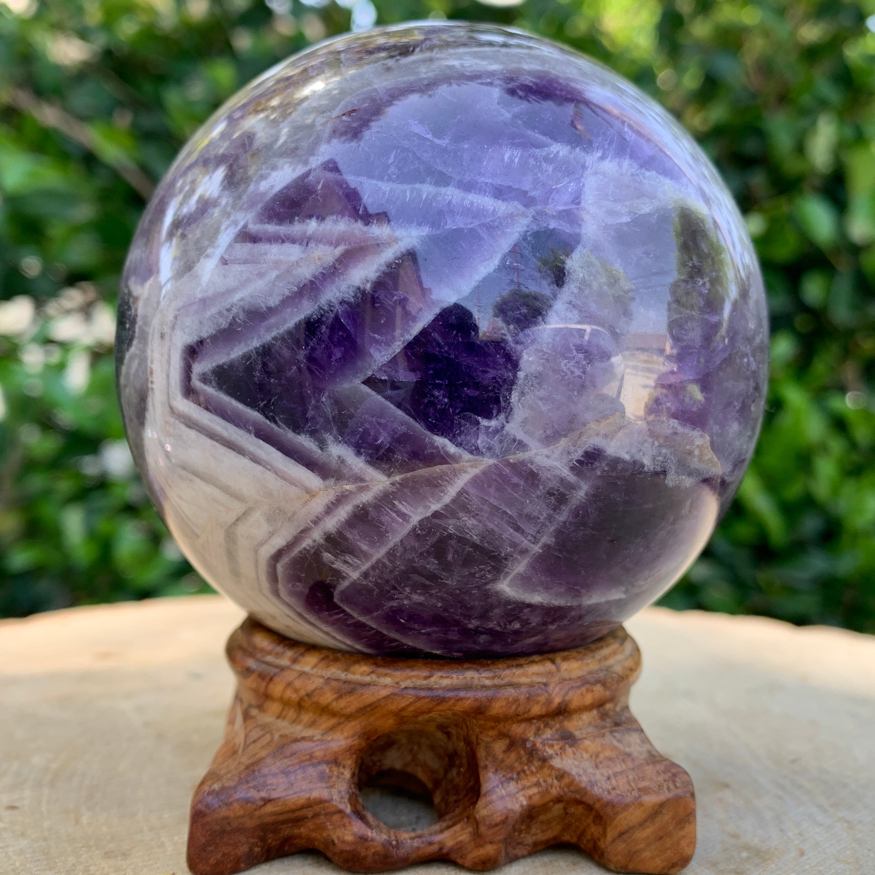942g 8x8x8cm Purple Banded Chevron Amethyst Sphere from South Africa