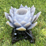 1.114kg Amazing Lotus Carving with wood base Purple Geode Lotus from Uruguay