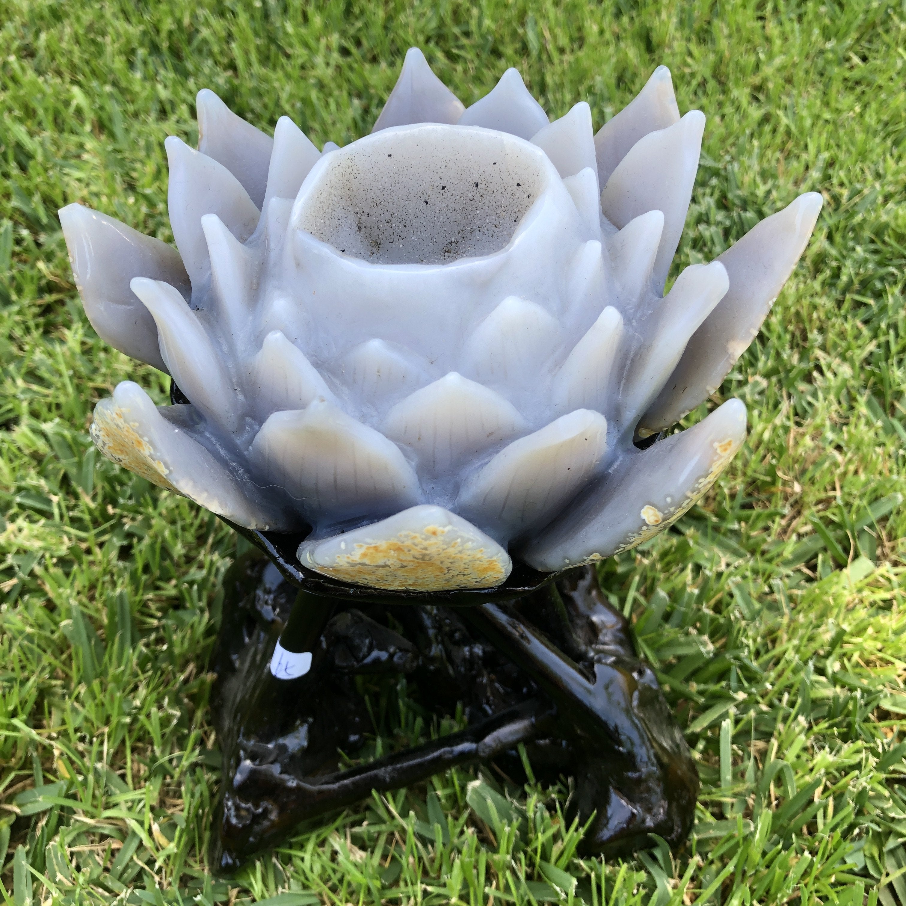 1.114kg Amazing Lotus Carving with wood base Purple Geode Lotus from Uruguay - Locco Decor