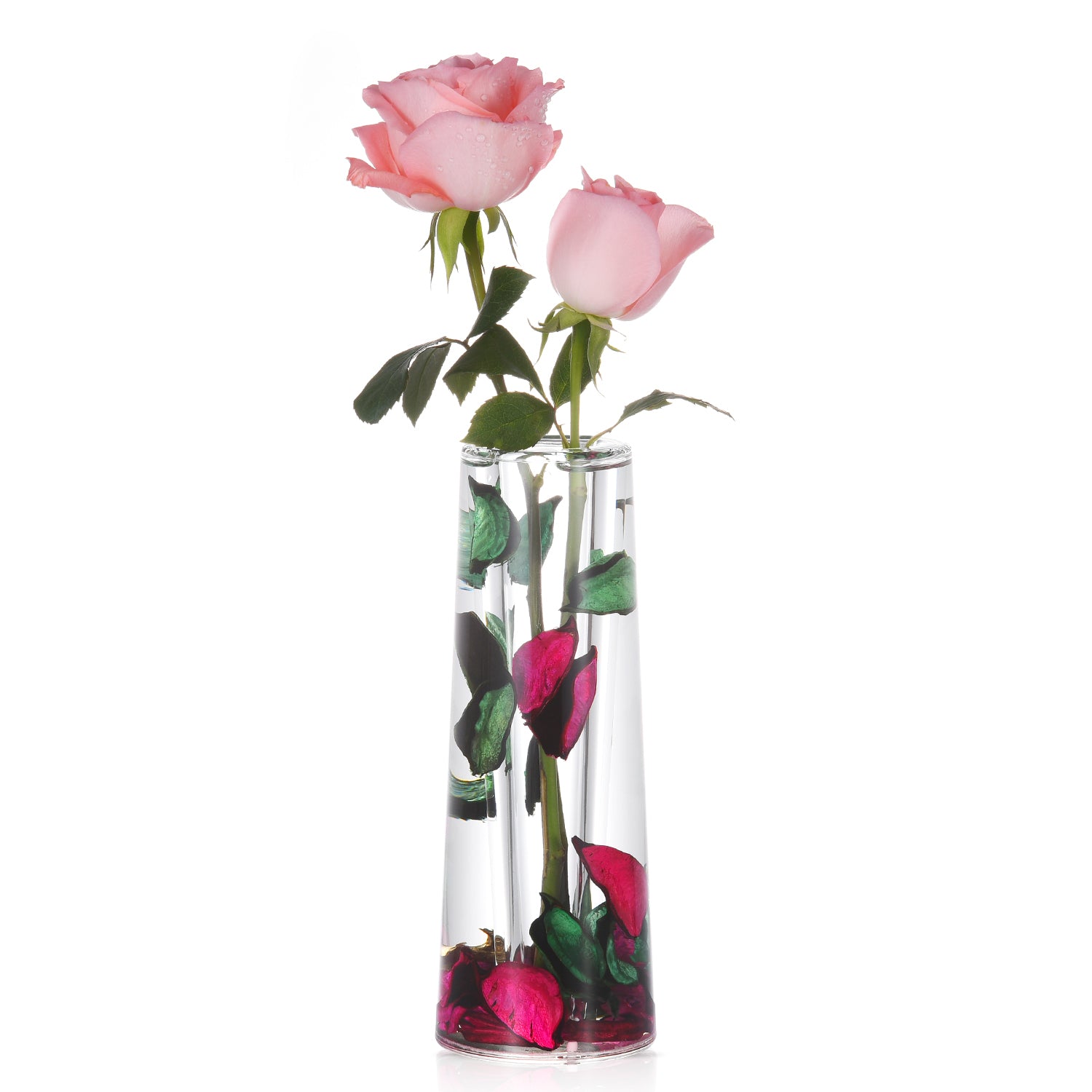 Acrylic Liquid 3D Floating Motion Cylinder Oval Flower Vase Boutique Floral Decoration Red Green Leaf