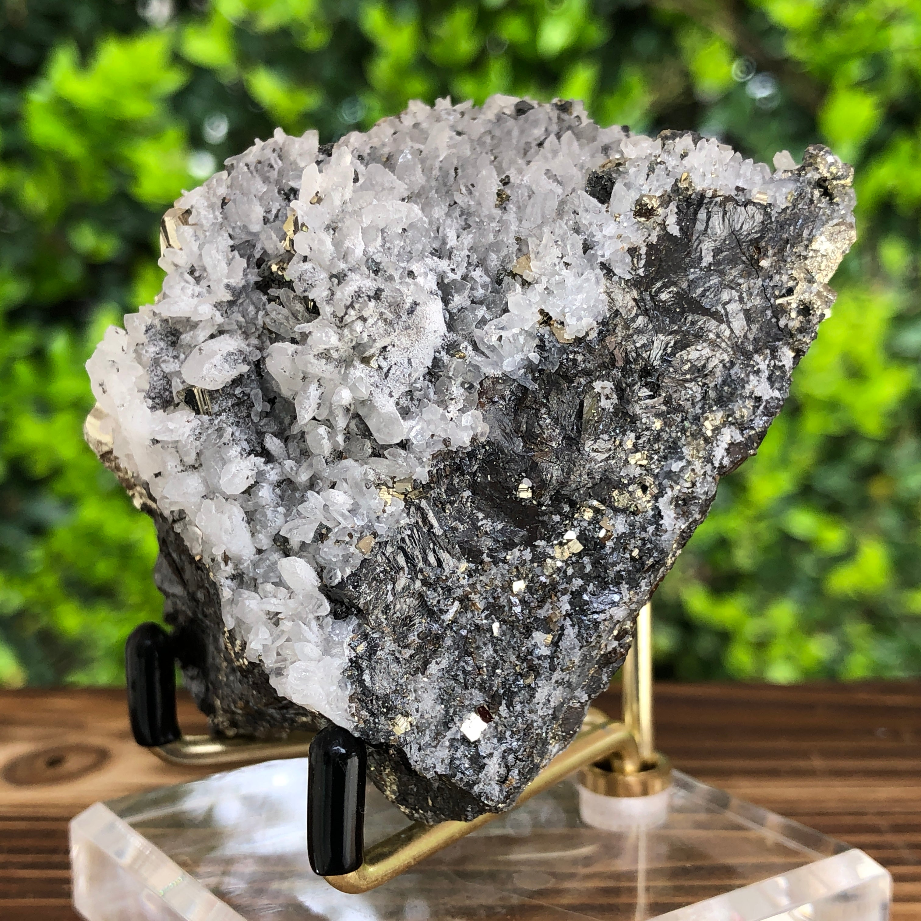 322g 7x7x4.5cm Gold  Clear Quartz Pyrite with Grey Galena from Huaron, Peru