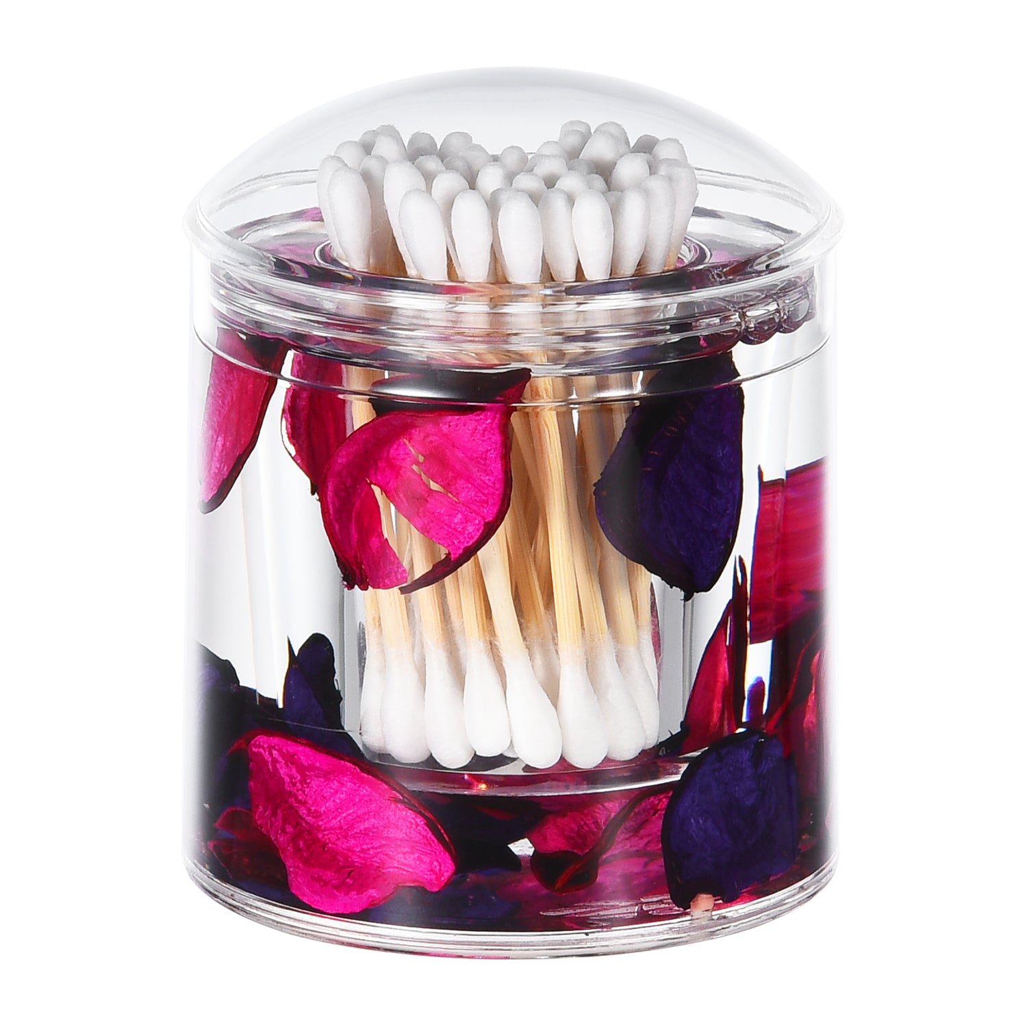 Acrylic Liquid 3D Floating Motion Round Qtip Cotton Ball Swab Holder Dispenser with Lid Leaf