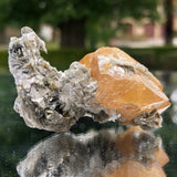 78g 5x3x3cm Snail Shape Orange Scheelite with Silver Muscovite from Mt. Xuebaoding,Sichuan,CHINA
